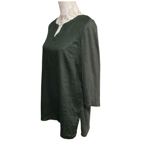 J.Jill Love Linen Dark Green Knit Mixed Media A-Line Slits  Linen Tunic Size M - Picture 3 of 11